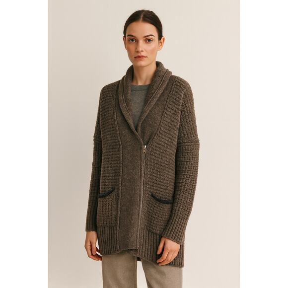 Vince Women’s Yak Wool Chunky Knit Cardigan Sweater Zip Cowl Neck Brown Cozy XS - Picture 1 of 9